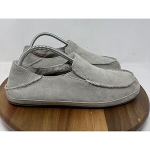 OluKai Nohea Slipper Shoes Womens Size 10 Gray Leather Moccasin Sheepskin Lined